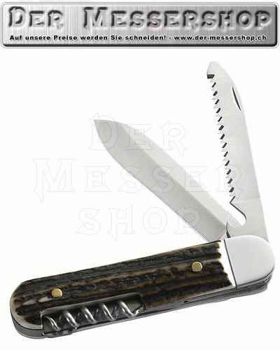 Jagd-Taschenmesser, 3-teilig, AISI 420, Hirschhorn, mit Säge