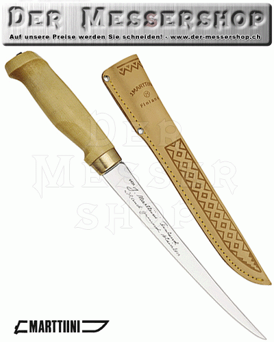 Finnisches Filiermesser, Klinge 19 cm, Holzgriff, Lederscheide