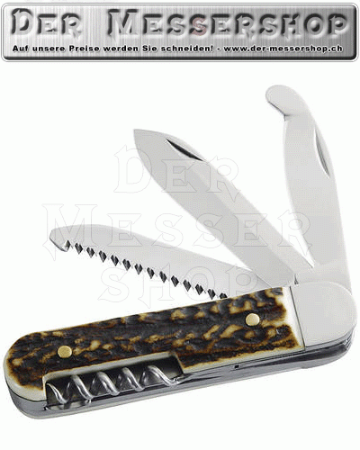 Jagd-Taschenmesser, 4-teilig, AISI 420, Hirschhorn-Schalen