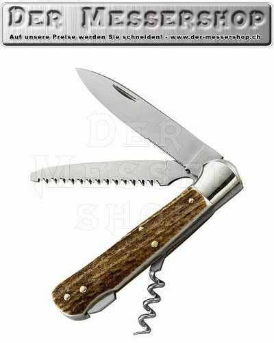 Jagd-Taschenmesser, AISI 440 A, mit Säge und Korkenzieher, Hirsc