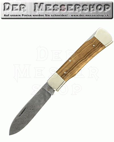 Hartkopf Damast-Taschenmesser, 300 Lagen, Olivenholz, Neusilber