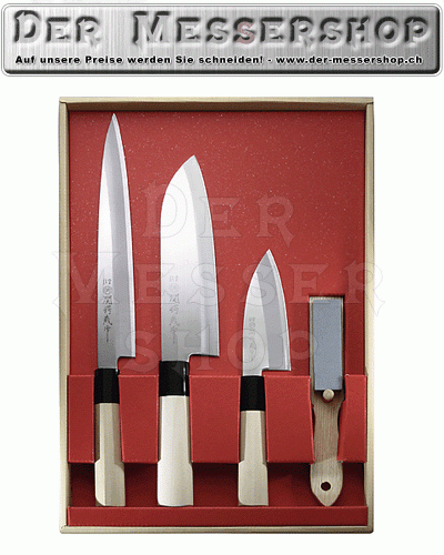 Japanisches Kochmesser-Set, 3 Messer und Abziehstein, Stahl 420J
