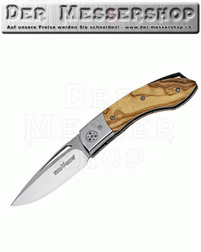 Fox Einhandmesser, N690-Stahl, Olivenholz-Schalen Lederetui